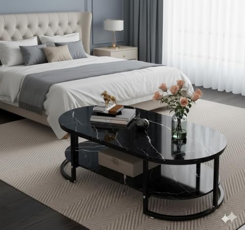 Image of Coffee Tables for Living Room Modern Coffee Table Oval Sofa Table Center Tables for Living Room 2 Tier Side Table Small Apartment Home Furniture Black Gold 2T (Black Black)