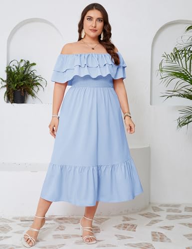 Image of KOJOOIN Women Plus Size Off Shoulder Maxi Dress Ruffle Flowy Casual Summer Boho Long Dresses