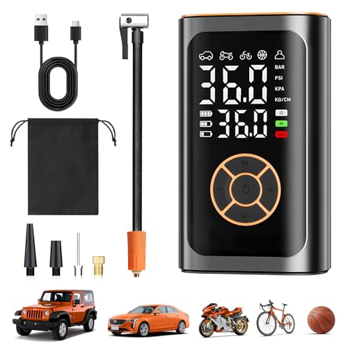 Elektrische Luftpumpe - 4000mAh & 150PSI Fahrradpumpe für Autoreifen mit Manometer & LED-Licht, schnellere Aufblasung Mini Kompressor für Auto Fahrräder, Motorra