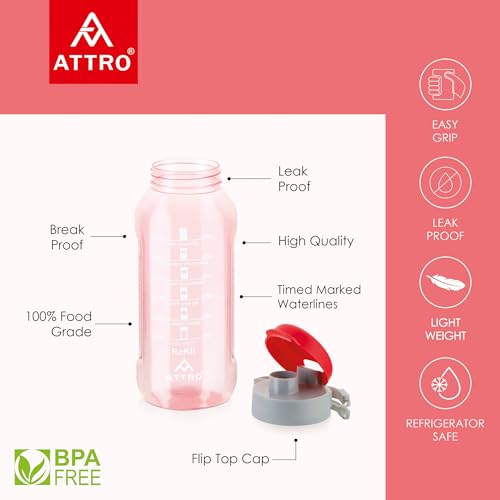 Image of ATTRO Ultra Pro Motivational 1-Liter BPA-Free Water Bottle with Leak-Proof Flip-Top Cap, Nylon Strap and Stylish Color for Daily Hydration Set of 4-Red