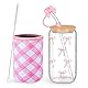 Mrltau 16 Oz Rosa Schleife Deko Glas Mit Deckel Und Strohhalm Und Bechermanschette, Iced Coffee Cup Aesthetic Stuff Clean Girl, Aesthetic Gläser Gift for Women, Summer Must Haves for Teen Girls