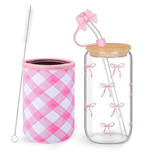 16 Oz Roze Strik Decor Glas Met Deksel En Rietje En Bekerhoes, Iced Coffee Cup Esthetiek Spullen Clean Girl, Esthetische Glazen Cadeau Voor Vrouwen, Zomerbenodigdheden Voor Tienermeisjes
