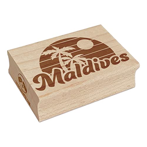 Maldives Destination Tropical Sunset with Palm Trees Rectangle Rubber Stamp for Stamping Crafting - 1.7in Small