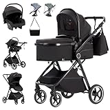 Zkipm Baby Pram 3 in 1 with Seat, Foldable Carrycot Baby Stroller, Pram Set Travel with Adjustable-Height Push Handle, Present Rain Cover, Mosquito Net, Bag, Cooling Mat, Wristband for Ages 0–3