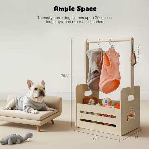 35L Wooden Dog Storage Organizer, Dog Toy Bin with Hanging Rods, 27"x16"x11" Pet Wardrobe Closet with 2 Metal Hooks, Pet Clothes Rack for Dogs Organization and Storage, Dogs Closet for Accessories - Image 3
