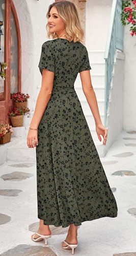 Image of WNEEDU Women's Summer Maxi Dress Short Sleeves Wrap V Neck Long Dresses with Pockets