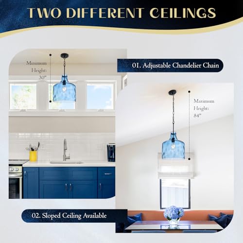 Image of 12 inch Blue Farmhouse Pendant Light, Hammered Glass, E26 Hanging Light