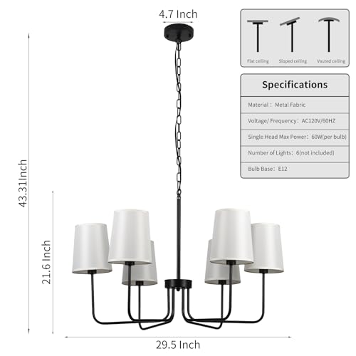 Omgomne 29.5" Black Farmhouse Chandelier with Shade, 6-Arm Vintage Modern Dining Room Light Fixture, Chandeliers Ceiling Light Fixture for Bedroom Kitchen Island Living Room Bulb Not Included by Omgomne - Image 5