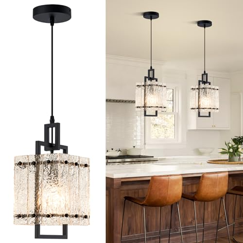 ANTILIYA Black Glass Pendant Lights Kitchen Island, Modern Pendant Light Fixtures with Water Ripple...