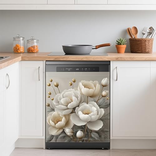 Image of Dishwasher Cover,White Peonies Flower Reusable Dishwasher Magnet Cover,Decorative Modern Art Magnetic Refrigerator Cover Front Panel Cover for Kitchen Decor 23x26 Inch