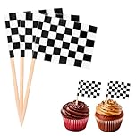 Ymapinc 100pcs Cupcake Topper Sticks - Black and White Checkered Flags on Sticks for F1 Cars Cake Decorations Top Decor Celebration Sport Events Party, Club Supplies