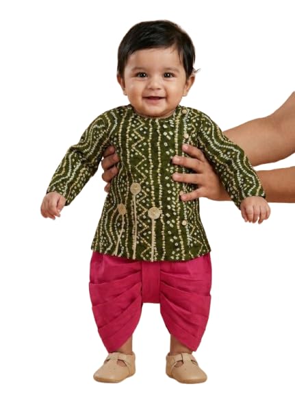 Image of Pspeaches Boys Rayon Full Sleeves Round Neck Bandhani Print Angrakha Kurta and Dhoti Pant 2 Piece Set|Ethnic Wear For Cute Baby Boys|Traditional & Festive Outfit