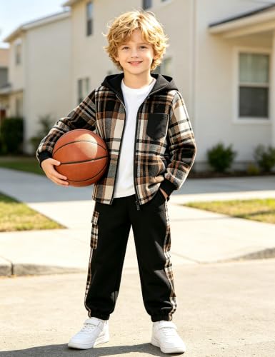 Image of Toddler Boy Clothes Plaid Hooded Shirt White T-shirt Top and Solid Color Pants 3Pcs Winter Boys Clothes