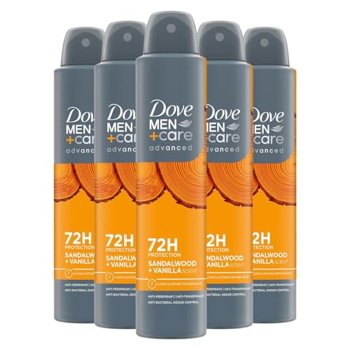 Dove Men+Care Advanced Sandalwood + Vanilla Anti-Perspirant Aerosol Men's Deodorant Spray with moisturising cream for 72 hour sweat protection and anti-bacterial odour control 200 ml Pack of 5