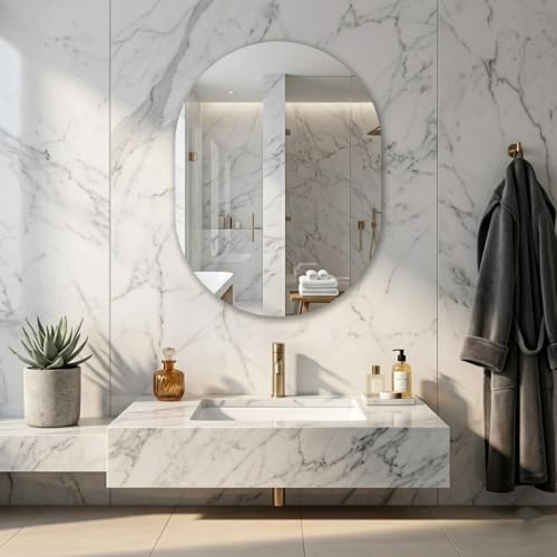 Image of Capsule-Shaped Frameless Wall Mirror (12x18 Inch) | Modern Decorative Bathroom & Bedroom Mirror | Wall-Mounted Vanity Mirror for Entryway & Living Room