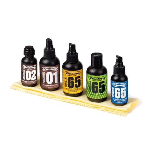 JIM DUNLOP - 6500 System 65 Guitar Maintenance Kit, completo para la limpieza y el cuidado de la guitarra eléctrica y acústica, incluye 5 productos Fórmula 65 y 2 Paños de algodón