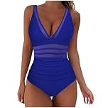 Zeiayuas One Piece Swimsuits for Women Mesh Swimming Costumes V Neck Swimwear Push Up Padded Swimwear Tummy Control Bathing Suit Ruched Monokini Swimsuit Monokini Sports Beachwear Ladies UK Blue