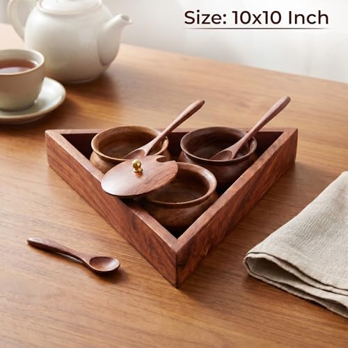 Image of HOKIPO Salt Sugar Spice Container Jar Canister Set with Tray & Spoon - 10 x 10 Inch - Sheesham Wood Storage Box Jar (IN-1169)
