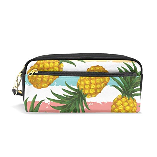 Preisvergleich Produktbild Ahdyr Bleistiftetui Streifen Sommer Ananas Muster PU Leder Bleistiftbeutel Reißverschluss Stiftbeutelhalter Student Stationary Cosmetic Makeup Bag