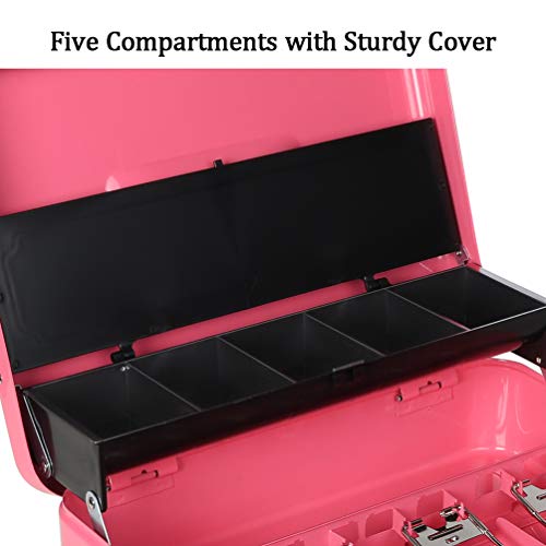 Cash Box with Money Tray and Key Lock, Parrency Large Money Box, 5 Compartments with Cover for Cions & 4 Spring-Loaded Clips for Bills, 11 4/5\" x 9 2/5\" x 3 1/2\", Pink