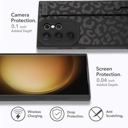 Image of Compatible with Samsung Galaxy S23 Ultra Case with Strap Wrist Black | Cheetah Print Shockproof Soft TPU Protective Cover for Women Girls, Slim Anti Scratch Case 6.8 Inch, Black