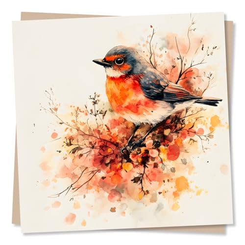 Beautiful Bird Card for All Occassions - Robin, Nature Lover, Plants - Blank Greetings - For a Loved One, Someone Special, Friend, Relative, Women, Woman, Female
