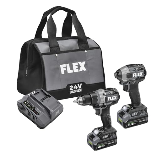 FLEX 24V Brushless Cordless Hammer Drill with Turbo Mode Impact Driver Stacked Lithium Kit with (2) 2.0Ah Stacked Lithium Batteries and 160W Charger Included - FXM202-2K
