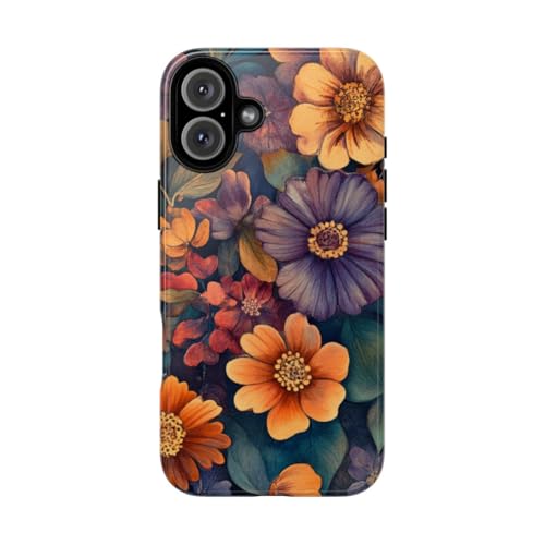 Coque iPhone 16 Plus orange au motif floral aquarelle éclatant et brillant