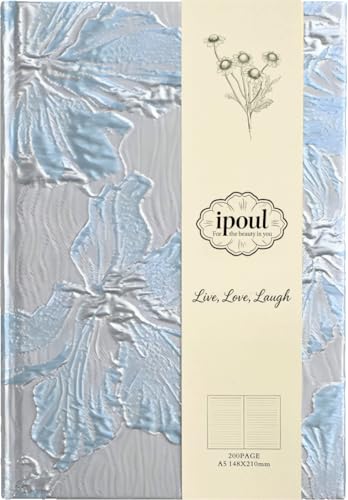 ipoul Hardcover Journal Flower Notebook A5 6x8 Lined Pages Lay-flat Beautiful Journal for Women Personal Notebook Pretty Cute Lily Flower Blue