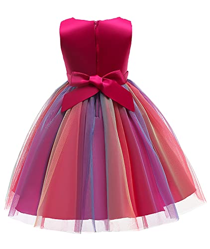 Sleeveless Mesh Sequin Rainbow Wedding Party Flower Girl Dress Rose 120#4-5 Years2