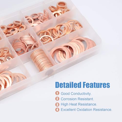 Pixelure Kupferringe Sortiment, 300pcs Kupferdichtringe Sortiment Massive Kupferscheiben Kupfer Metrische Dichtungsscheiben Kit Hardware-Befestigungselement Geeignet für Kraftstoffzubehör (M5-M20)