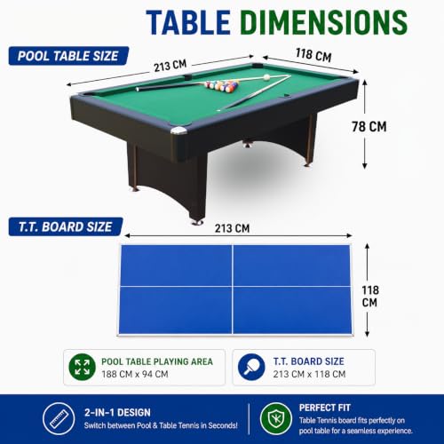 Image of VINEX Snooker and Table Tennis Table (7 x 3.9 FET), ETOS 2 in 1 Pool Table with TT Top Indoor Game Table, MDF Construction with Complete Accessories Set for Home, Office