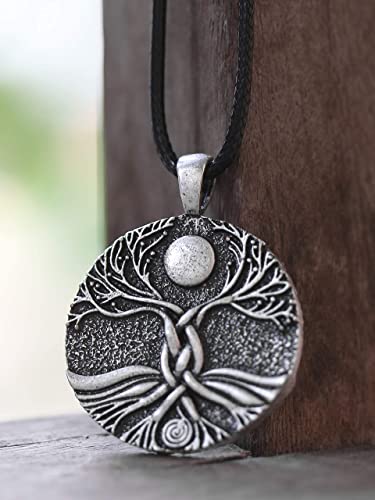 Haquil Tree Of Life Necklace - Metal Alloy, Moon And Tree Of Life Medallion Pendant - Pu Leather Cord, 19.7" #TOP4