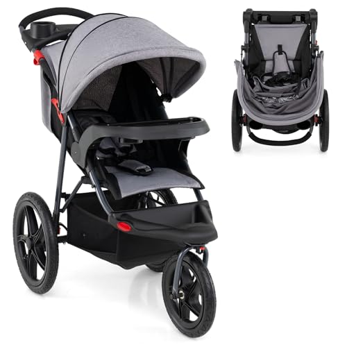 HONEY JOY Jogging Stroller, Foldable Running Stroller w/Adjustable Canopy & Recline Seat, 2 Cup Holders, Snack Tray, Storage Basket, Bicycle Tires,...