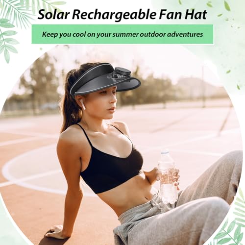Image of Solar Fan Hat Men and Women Sun Visor Wide Brim Cooling Hat for Outdoor Summer Camping Beach Fishing, USB & Solar Powered
