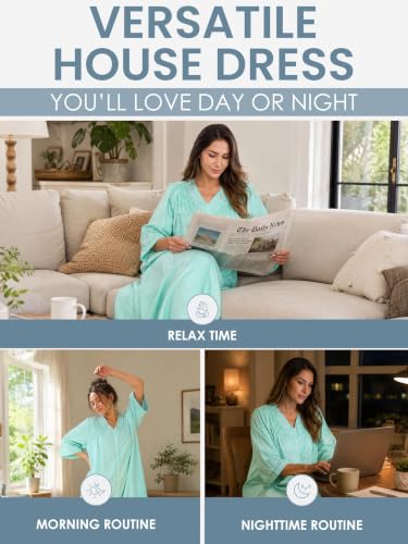 Image of Casual Nights Women's Zip Front Woven House Dress | 3 /4 Sleeves Housecoat Long Duster Lounger