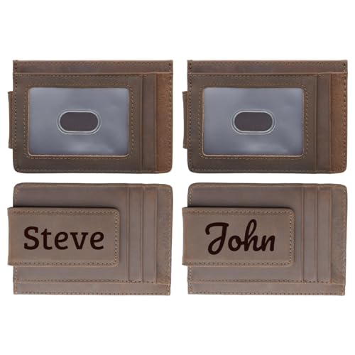 Personalized Leather Magnetic Money Clip Wallet, Credit Card Wallet, Laser Engraved, Minimalist Mens Wallet, Strong Magnetic Clip with RFID Blocking, Money Holder with ID Window (Dark Brown)