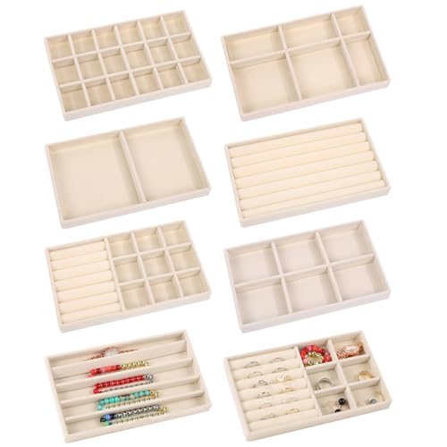 Lot de 8 plateaux à bijoux en velours pour tiroirs - Organisateur de bijoux empilable - Remplace les bijoux - Tiroir pour boucles d'oreilles, bagues, colliers, beige