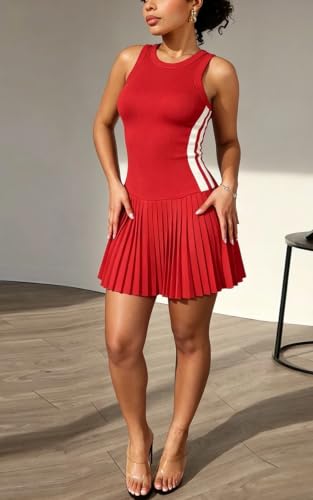 Image of Women Summer Sleeveless Spliced Pleated Mini Dress Casual Low Waist Stretch Side Striped A-Line Tank Dress