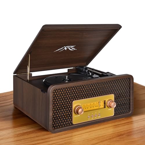 Image of Wireless Bluetooth Vinyl Record Player Turntable with Speakers, AM/FM Radio