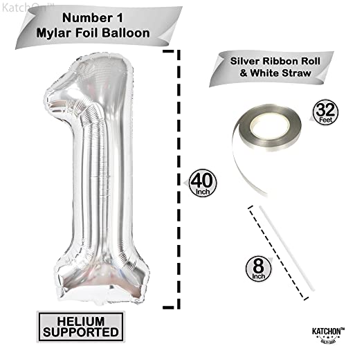 Image of Katchon, 40 Inch Silver Number 1 Balloons For 1st Birthday Decorations