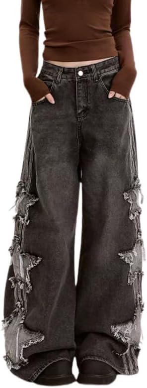 Star Jeans for Women Girls Baggy Cute Patchwork Denim Pants Y2k High Waisted Jeans Grunge Aesthetic Clothes