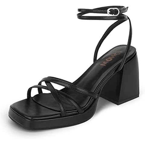 ISNOM Black Platform Heels for Women Platform Chunky Heels for Women Black Strappy Heels for Women Platform Block Heels Platform Heels Sandals Ankle Strap Square Toe Stripper Heels Cover