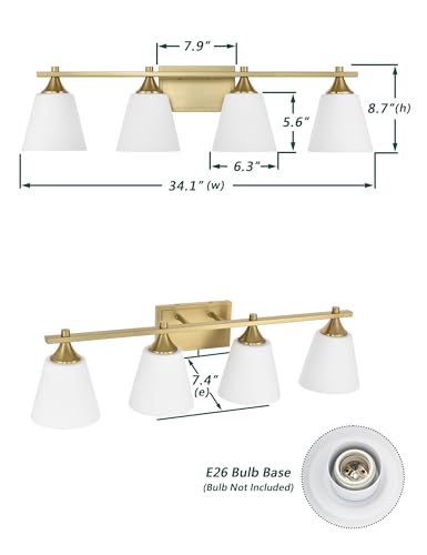 Image of Brass Bathroom Vanity Light Fixtures, 4 Lights American Traditional Gold Vanity Lighting Fixture with Opal Glass Shade, Porch Wall Mount Light Fixture for Bathroom, Mirror Cabinets Hallway Stairs