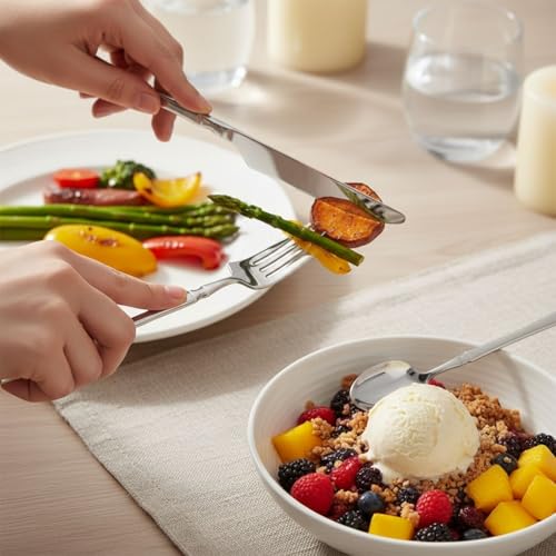 Image of 30 Pcs Silver Cutlery Set for Dining Table the Perfect Lightweight Silim Handle Tableware Including Dinner Spoon, Dinner Fork, Dinner Knife, Dessert Spoon & Dessert Fork