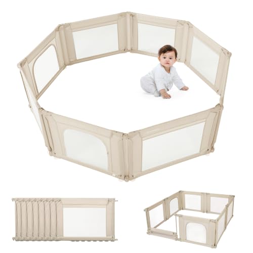 Image of Doradotey Adjustable Baby Playpen with Adult Door, Foldable Large Playpen for Babies and Toddlers, Breathable Mesh Indoor Baby Playard, Safe Fence, 59 x 59 Inch, Khaki