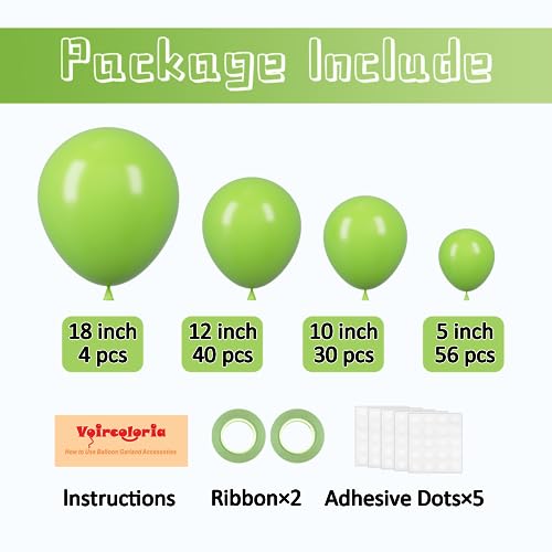 Image of Voircoloria 130pcs Lime Green Balloons Different Sizes 18 inch 12 inch 10 inch 5 inch Light Green Balloons for Birthday Dinosaur Baby Shower St. Patrick's Day Summer Jungle Forest Safari Party Decorations