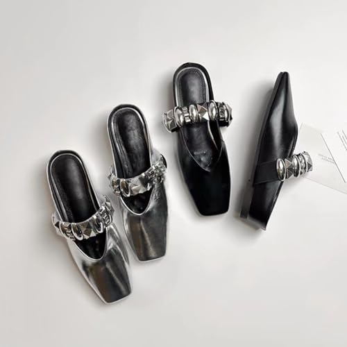 Women's Square Toe Mule Slippers with Metal Buckle, Black and Silver, Retro British Style, 1-inch Block Heel4