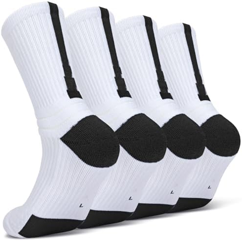 Finerview Elite Basketball Socks, 4 Pack Cushion Performance Crew Athletic Socks for Adult & Youth Kids