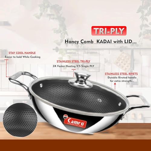 Image of Camro Kadai with Glass Lid 6.7 Litre 32 Cm| Honeycomb Triply Kadhai for Cooking | Curry Stir-Fry Deep Fry Dry Veg | Cookware kadai with Steel Handle |Non Stick kadhai for Frying |Induction Base & Gas